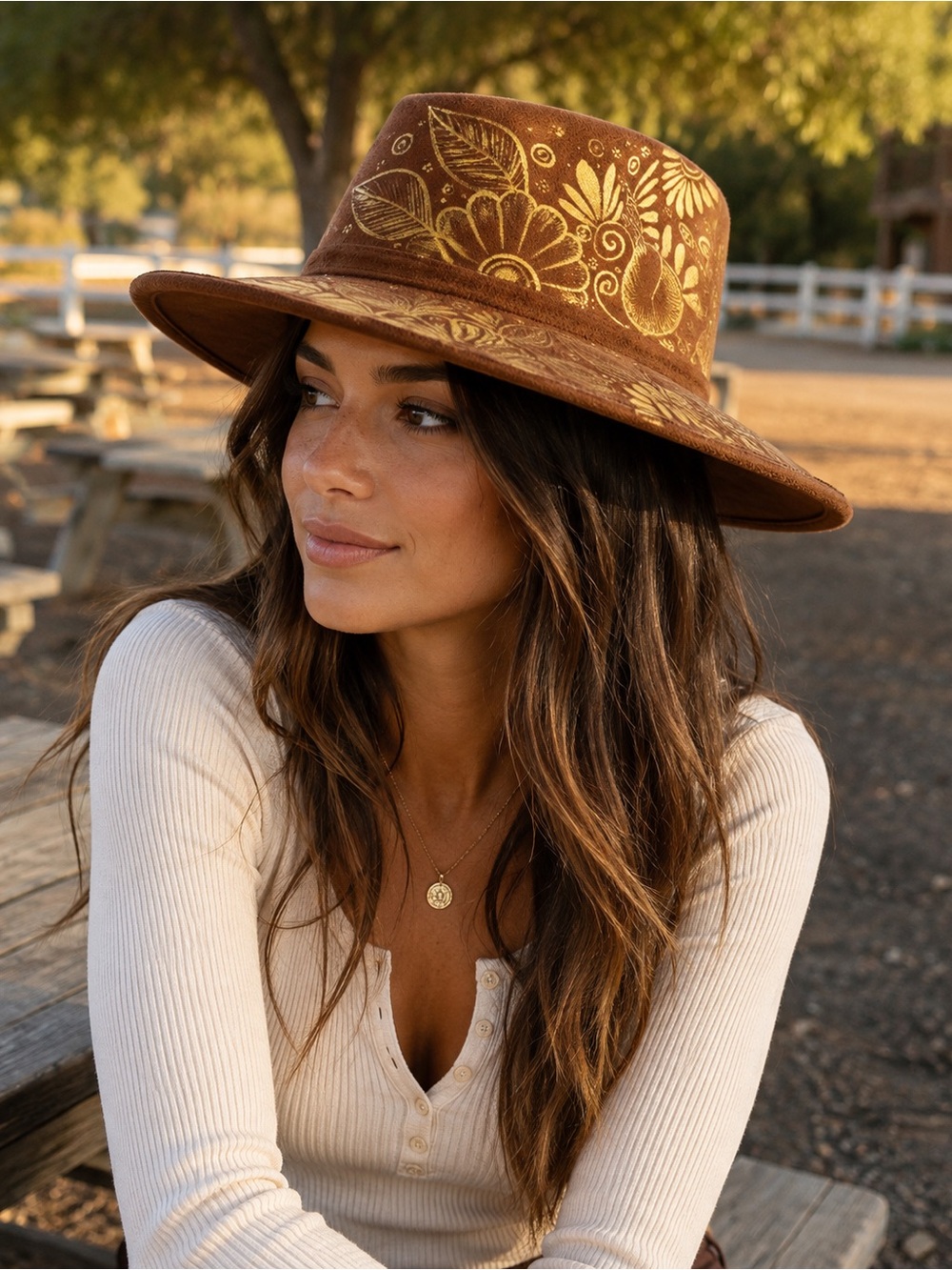 Brown Felt Floral Hand-Painted Wide Brim Hat